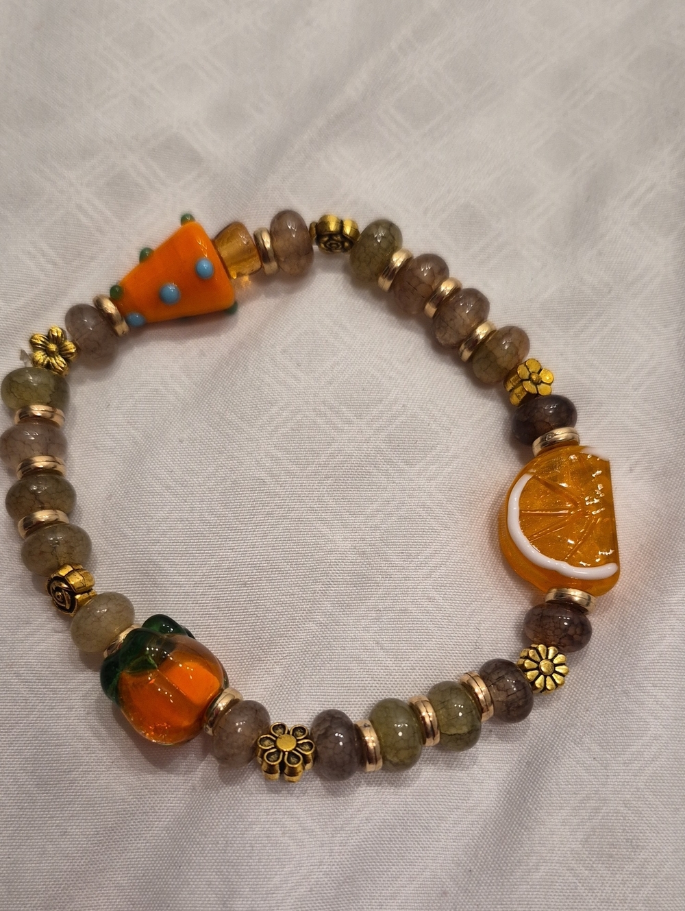 Orange Charm Bead Stretch Bracelet with Gold Accents - Women Jewelry